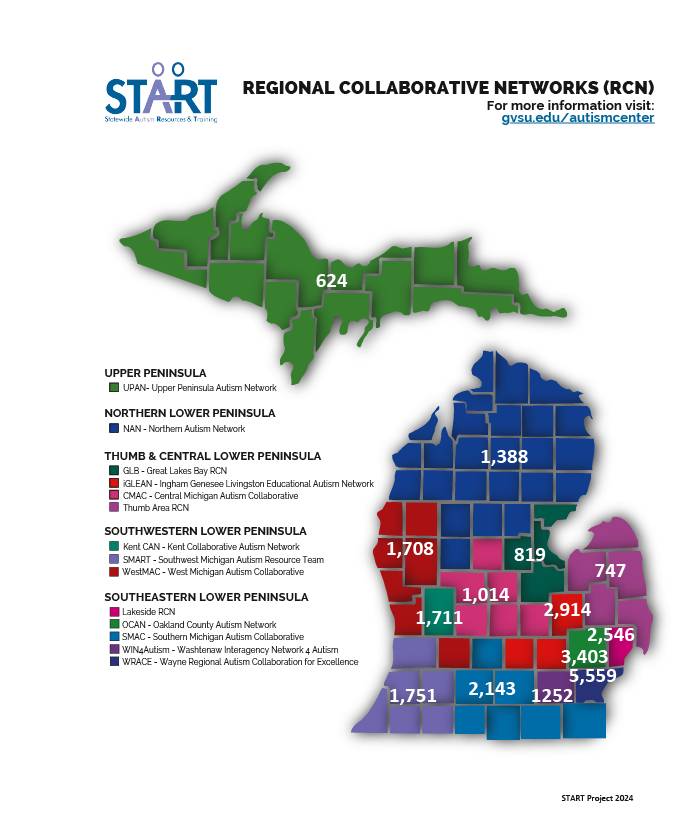 Map of Michigan with Students with ASD per RCN